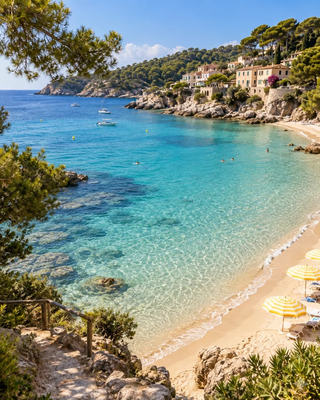 A sunlit Mediterranean cove with turquoise water, a sandy beach, and pastel seaside houses.