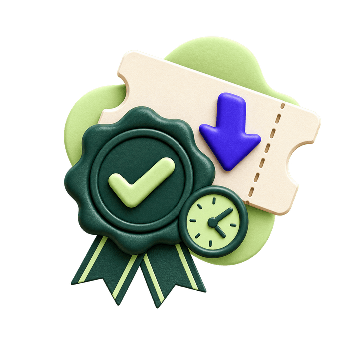 A fare ticket with a verification seal, clock, and price-drop arrow.